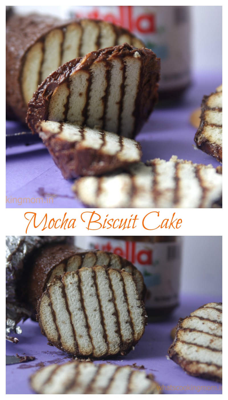 Mocha Biscuit Cake - 3 ingredient recipe. Very easy to make. Layers of coffee flavored biscuits smeared with Nutella. Ready in 5 minutes.