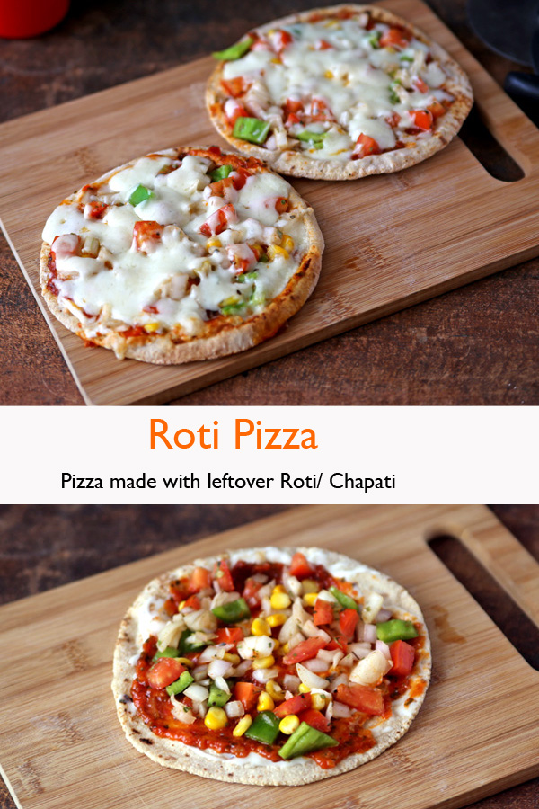 Roti pizza made with leftover Roti served on wooden board