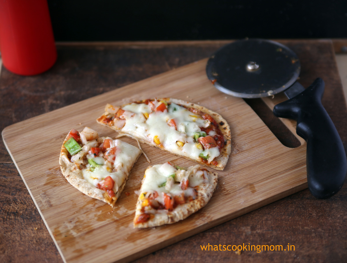 Roti Pizza -Pizza made with roti/ chapati. Healthier option, vegetarian, kid friendly snack.