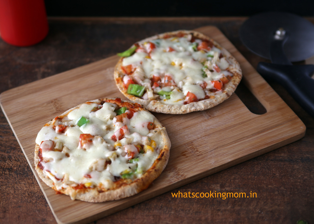Roti Pizza -Pizza made with roti/ chapati. Healthier option, vegetarian, kid friendly snack.