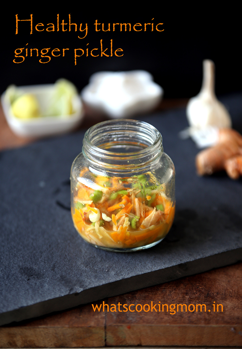 healthy turmeric ginger pickle - healthy, instant, no cook recipe, fresh turmeric, ginger and garlic
