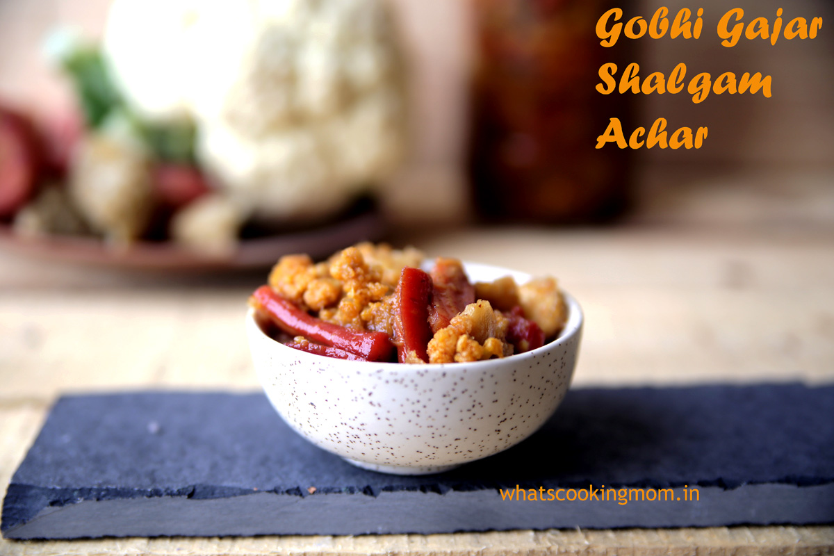 gobhi gajar shalgam achar - Indian, winter recipe, pickle, vegetarian, carrot cauliflower turnip pickle