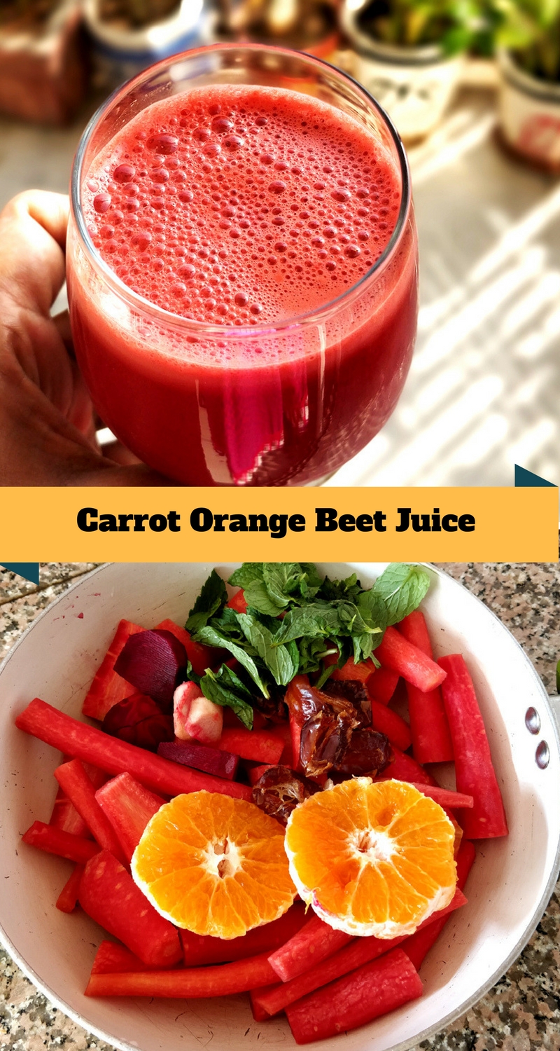 Collage of Carrot Orange Beet Juice served in a glass with ingredients 